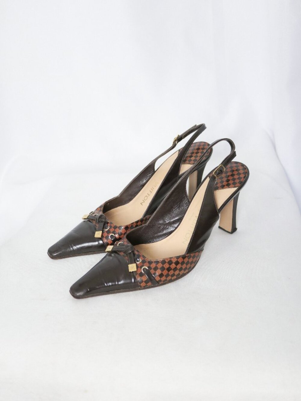 Louis Vuitton Brown Damier Patent Leather Slingback Heels